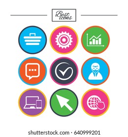 Internet, seo icons. Tick, online shopping and chart signs. Anonymous user, mobile devices and chat symbols. Classic simple flat icons. Vector