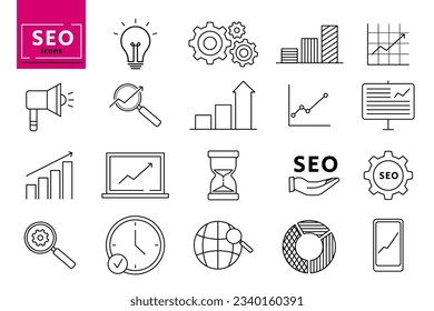 Internet- und Seo-Symbole. Webentwicklung - dünner Vektorsymbol-Satz. SEO- und Promotion-Line-Symbole