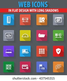 Internet, server, network web icons in flat design with long shadows