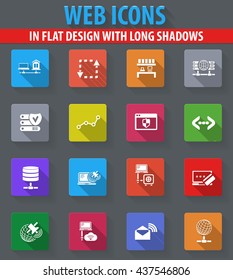 Internet, server, network web icons in flat design with long shadows