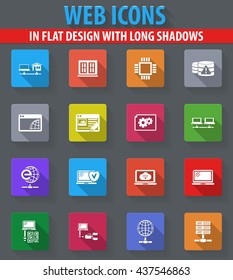 Internet, server, network web icons in flat design with long shadows