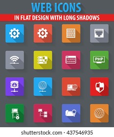 Internet, server, network web icons in flat design with long shadows