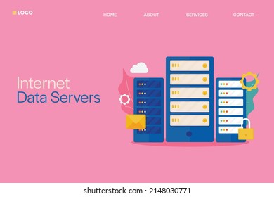 Internet servers, web hosting, hosting service, data center concept - flat design vector landing page template