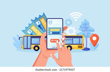 Internet service for book and buy bus ticket. Travel and tourism concept. Tourist planning trip online. Passengers buying tickets for bus in mobile app. Vector design