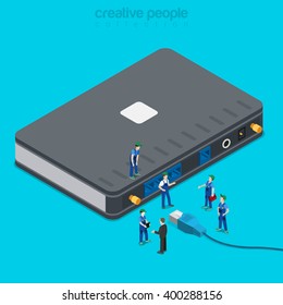 Internet service connection supply. Flat 3d isometric isometry concept. Micro people wi-fi wired router connecting patch cord with www access. Creative people collection.