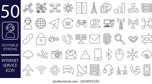 internet service icon set, editable stroke icons, communication services, digital, network services connectivity icon pack