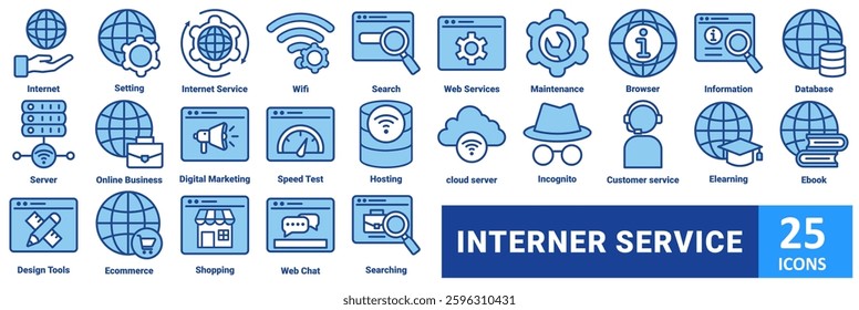 Internet Service icon set. with icon Internet, Setting, Internet Service, Wifi, Search,Web Services, Maintenance, Browser, Information, Database, Server, Online Business, Digital Marketing, Speed Test