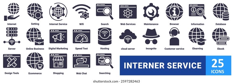 Internet Service icon set. with icon Internet, Setting, Internet Service, Wifi, Search,Web Services, Maintenance, Browser, Information, Database, Server, Online Business, Digital Marketing, Speed Test