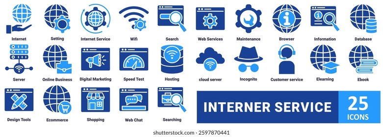 Internet Service icon set. with icon Internet, Setting, Internet Service, Wifi, Search,Web Services, Maintenance, Browser, Information, Database, Server, Online Business, Digital Marketing, Speed Test