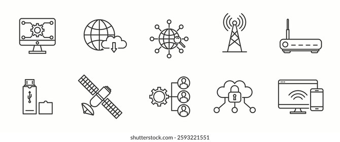 Internet Service Item line Icon Set . Wifi, communication, data, speed, broadband, connection . Vector Illustration