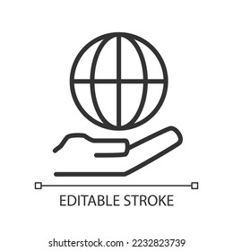 Internet service pixel perfect linear icon. Global network. Worldwide telecommunication. Thin line illustration. Contour symbol. Vector outline drawing. Editable stroke. Arial font used