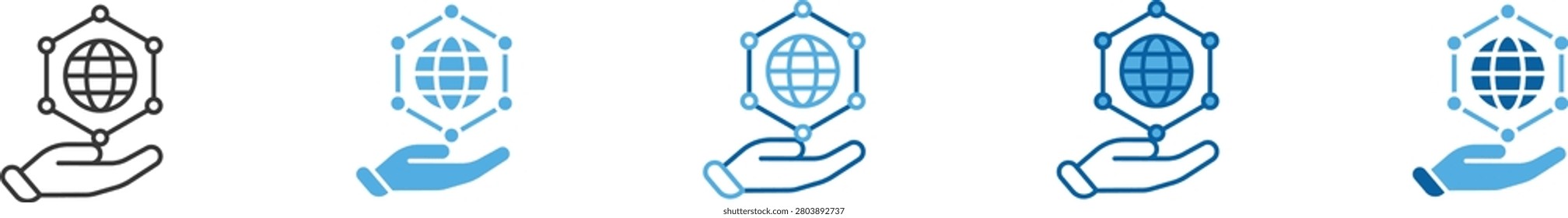 Internet service provider ISP network connection multi style icon set. Represents global connectivity, bandwidth source, and internet access data.