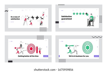 Internet Service Rating, Ranking and Clients Feedback, Business Targeting Landing Page Template Set. Business People Characters Playing Darts, Challenge, Task Solution. Linear Vector Illustration