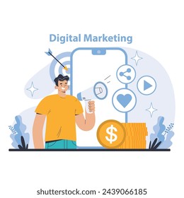 Internet services concept. Digital Marketing. Targeted advertising and social media engagement strategies. Maximizing ROI through effective online marketing channels. Flat vector illustration.