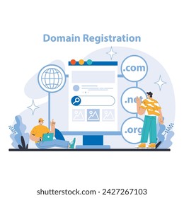 Internet services concept. Domain Registration. Simplifying the process of acquiring online domain names. A gateway to internet presence for businesses and individuals. Flat vector illustration.