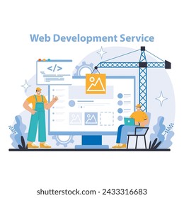 Internet services concept. Web Development Service. Building and coding advanced websites from the ground up. Expert developers crafting responsive and user-friendly interfaces. vector illustration.