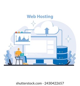 Internet services concept. Web Hosting. Reliable and scalable hosting services ensuring high uptime and performance. Essential infrastructure for websites and applications. Flat vector illustration.