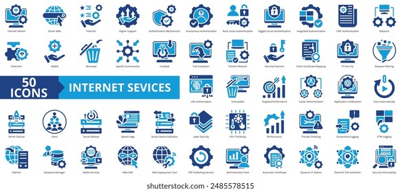 Internet Services Symbol Kollektion Set. Enthält Server-Web, Funktionen, höheren Support, Authentifizierungsmechanismen, anonyme, Standardzugriff, Digest-Symbol. Einfache flache Vektorgrafik.