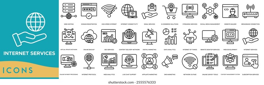 Internet Services icon. Web Hosting, Domain Registration, High-Speed Internet, Internet Connectivity and Email Services