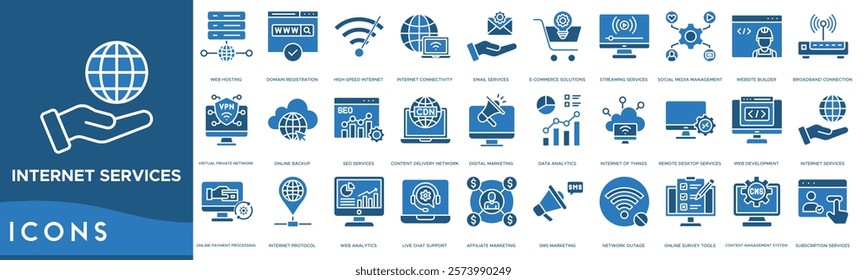 Internet Services icon. Web Hosting, Domain Registration, High-Speed Internet, Internet Connectivity and Email Services