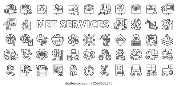 Internet services, icons in line design. Internet, services, online, network, connectivity, cloud, communication on white background vector. Internet services editable stroke icons