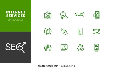 Internet services line icon set. Navigator, video content, VR picture. Modern technology concept. Can be used for topics like app development, virtual reality, mobile applications
