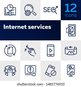 Juego de iconos de línea de servicios de Internet. Navegador, contenido de video, imagen VR. Concepto moderno de tecnología. Se puede utilizar para temas como desarrollo de aplicaciones, realidad virtual, aplicaciones móviles