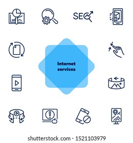 Internet services line icon set. Navigator, video content, VR picture. Modern technology concept. Can be used for topics like app development, virtual reality, mobile applications