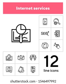 Internet services line icon set. Navigator, video content, VR picture. Modern technology concept. Can be used for topics like app development, virtual reality, mobile applications