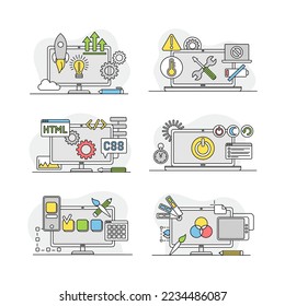 Internet services linear signs set. Data, information security, technical instruments vector illustration