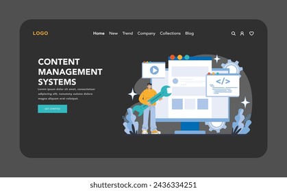 Internet services night or dark mode web or landing page. Content Management Systems. Streamlined content creation and management for dynamic websites. Tools for easy editing and publishing.