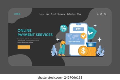 Internet services night or dark mode web or landing page. Online Payment Services. Streamlined transactions with secure digital payment solutions. Flat vector illustration.