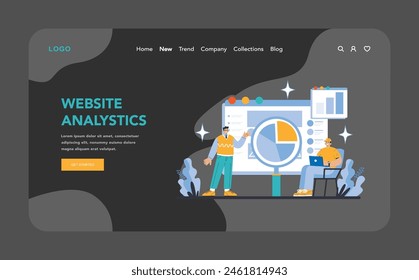 Web o página de aterrizaje de los servicios de Internet nocturnos o en modo oscuro. Analítica y seguimiento de Sitios web. Análisis detallado de datos y métricas de rendimiento para la toma de decisiones estratégicas.