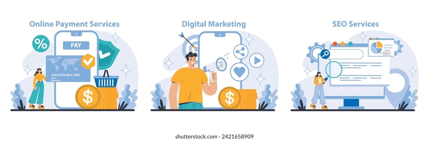 Internet Services set. Business and marketing. Seamless online payment, dynamic digital marketing, and comprehensive SEO solutions. Enhancing virtual transactions and visibility. Vector illustration.