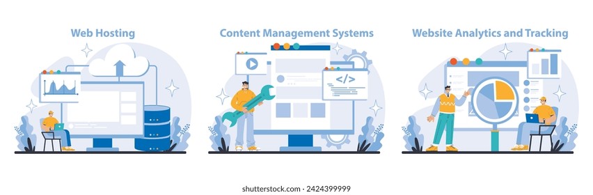 Internet Services set. Business and marketing. Robust web hosting, versatile content management, and precise website analytics. Streamlining digital presence and user engagement. Vector illustration.