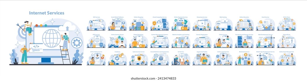 Internet Services establecido. Una amplia gama de soluciones en línea que incluyen SEO, medios sociales, computación en la nube, VPN y más. Evolución digital para experiencias conectadas. Ilustración vectorial plana.