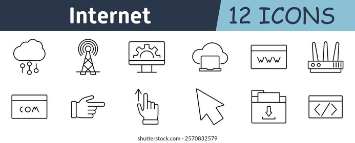 Internet set icon. Cloud computing, signal tower, monitor, laptop, webpage, router, domain, hand interaction, pointer, folder download, coding, network management