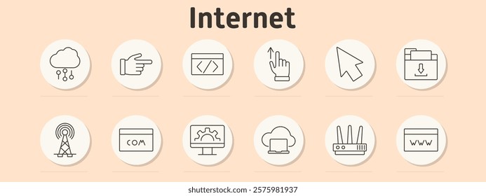 Internet set icon. Cloud, finger pointing, coding, hand swiping up, arrow pointer, file download, antenna, domain name, computer gear, laptop cloud, router, web page.