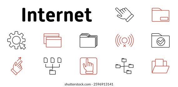 Internet set icon. Digital storage, file organization, cloud computing, network management, online interaction, data access, wireless connection, system control, web navigation