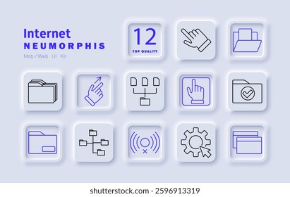 Internet set icon. File management, network structure, cloud storage, wireless connection, folder organization, online settings, interactive touchscreen, website navigation
