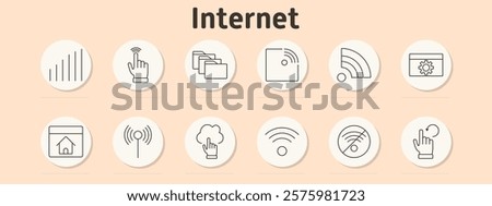 Internet set icon. Folder, cursor on button, gear, file folder, network folders, wireless off, upload, file tabs, hand pointer, sitemap, folder with checkmark.