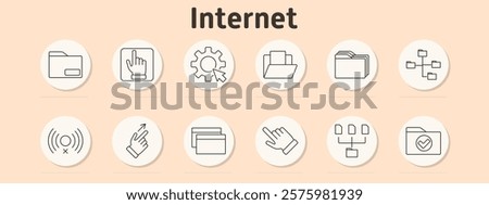 Internet set icon. Folder, cursor on button, gear, file folder, network folders, wireless off, upload, file tabs, hand pointer, sitemap, folder with checkmark.