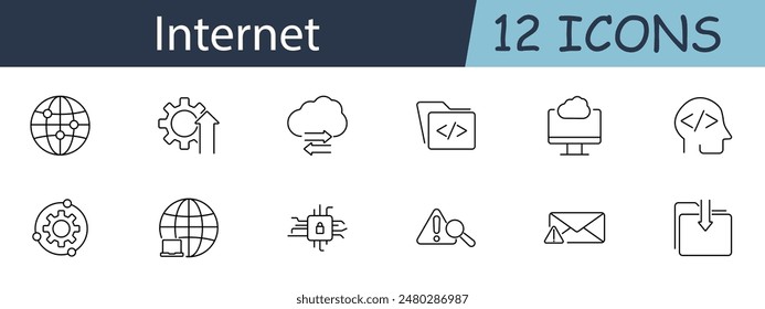 Internet set icon. Globe, gear, cloud, folder, coding, head, computer, magnifying glass, warning, email, download. Internet services, digital technology, web development concept.