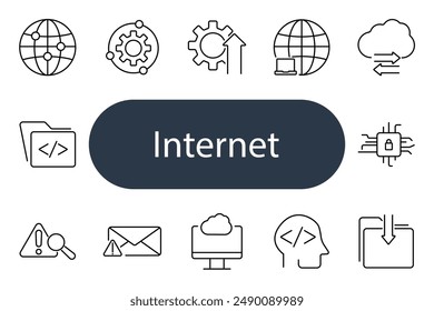 Internet set icon. Globe, gear, laptop, cloud, network, folder, email, warning, data, transfer, communication, connectivity, website, coding, system, technology, online, digital, browsing, web.