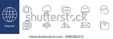 Internet set icon. Globe, gear, cloud, folder, monitor, code, email, warning, download, network. Web, online, connectivity concept.