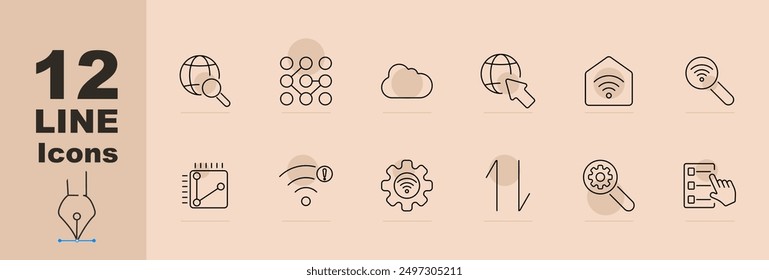 Internet set icon. Globe with magnifying glass, network nodes, cloud, globe with cursor, house, magnifying glass, circuit, signal with alert, gear, graph, settings,