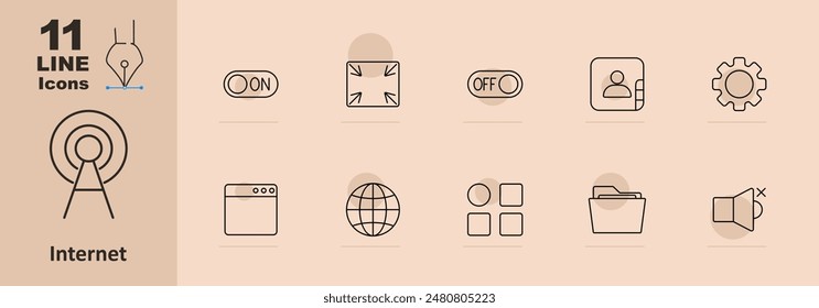 Internet set icon. On switch, fullscreen, off switch, user, settings, browser, globe, grid, folder, mute, connectivity, online, technology, communication, network, web, interface