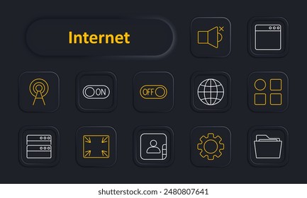 Icono de Internet. Enrutador, interruptor de encendido y apagado, navegador, globo terráqueo, perfil de usuario, red, Configuraciones, carpeta. Conectividad, servicios digitales, concepto de Web.