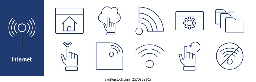 Internet set icon. Signal receiver, home page, cloud with tap, RSS feed, settings on browser, folders, connection error, wireless signal, disabled Wi-Fi, data management