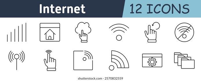 Internet set icon. Signal strength, homepage, cloud access, Wi-Fi, hand swipe, no network, antenna, touch interaction, hotspot, connection, network settings, folder management